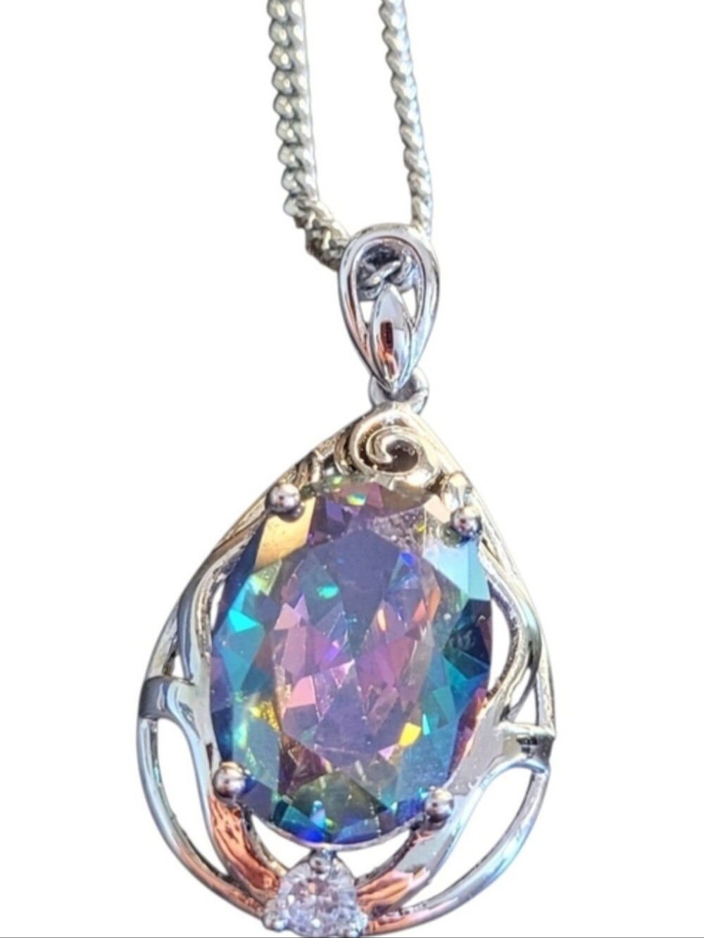 Mystic Rainbow Teardrop Pendant Necklace - Silver